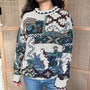 Vintage 90s Signatures Northern Isles Horse Motif Portrait Green Hand Knitted Sw